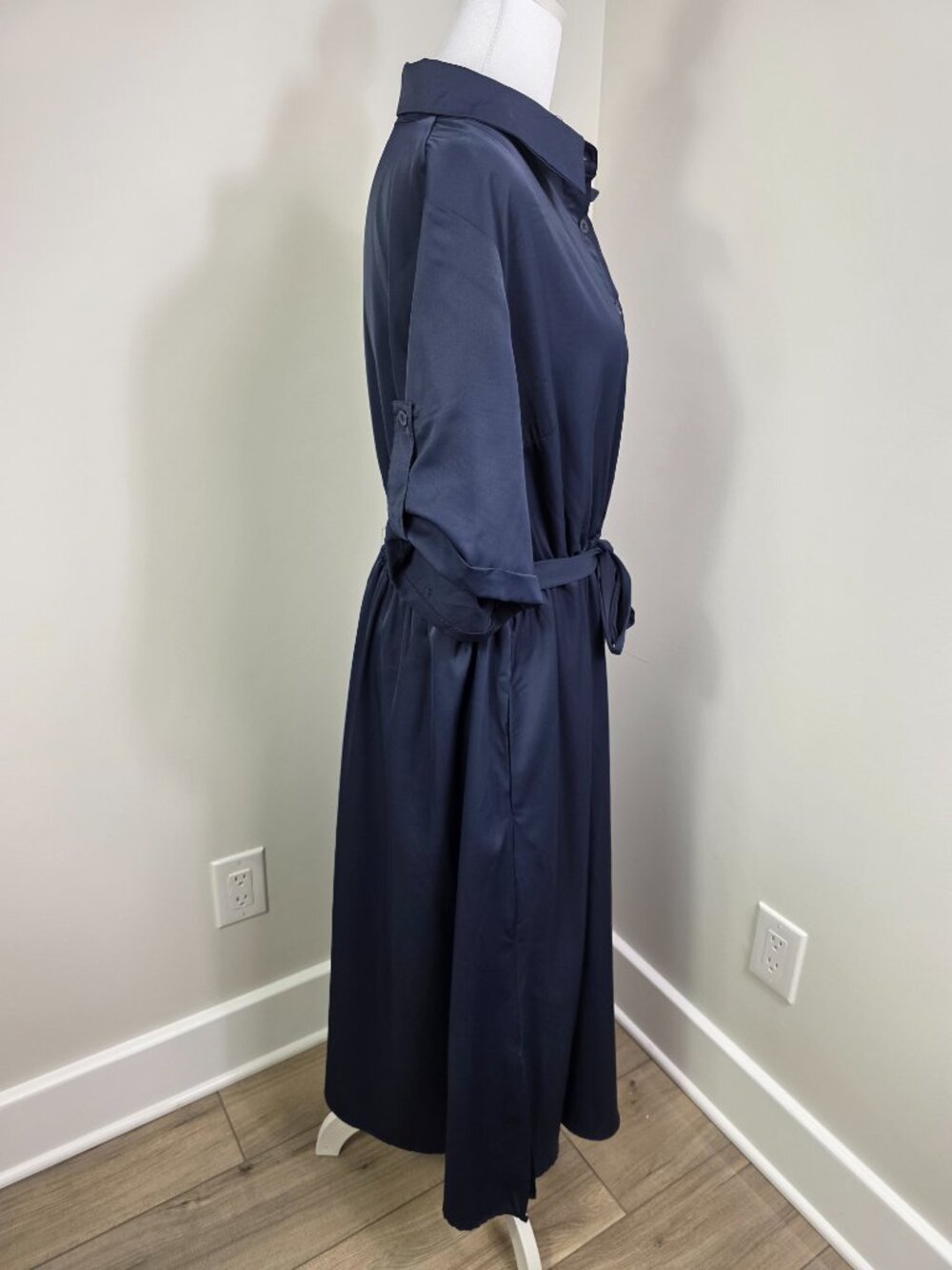 Bloomchic Dress Size 14/16 Navy Blue Fabric Belt Elasticized Waist Midi Pockets - Picture 7 of 10